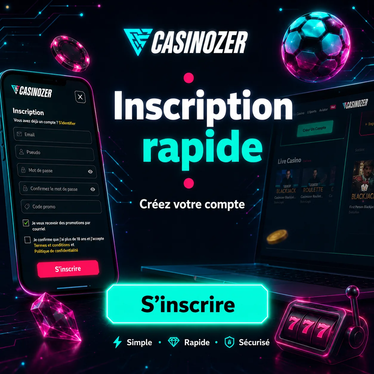 Formulaire d’inscription Casinozer sur mobile
