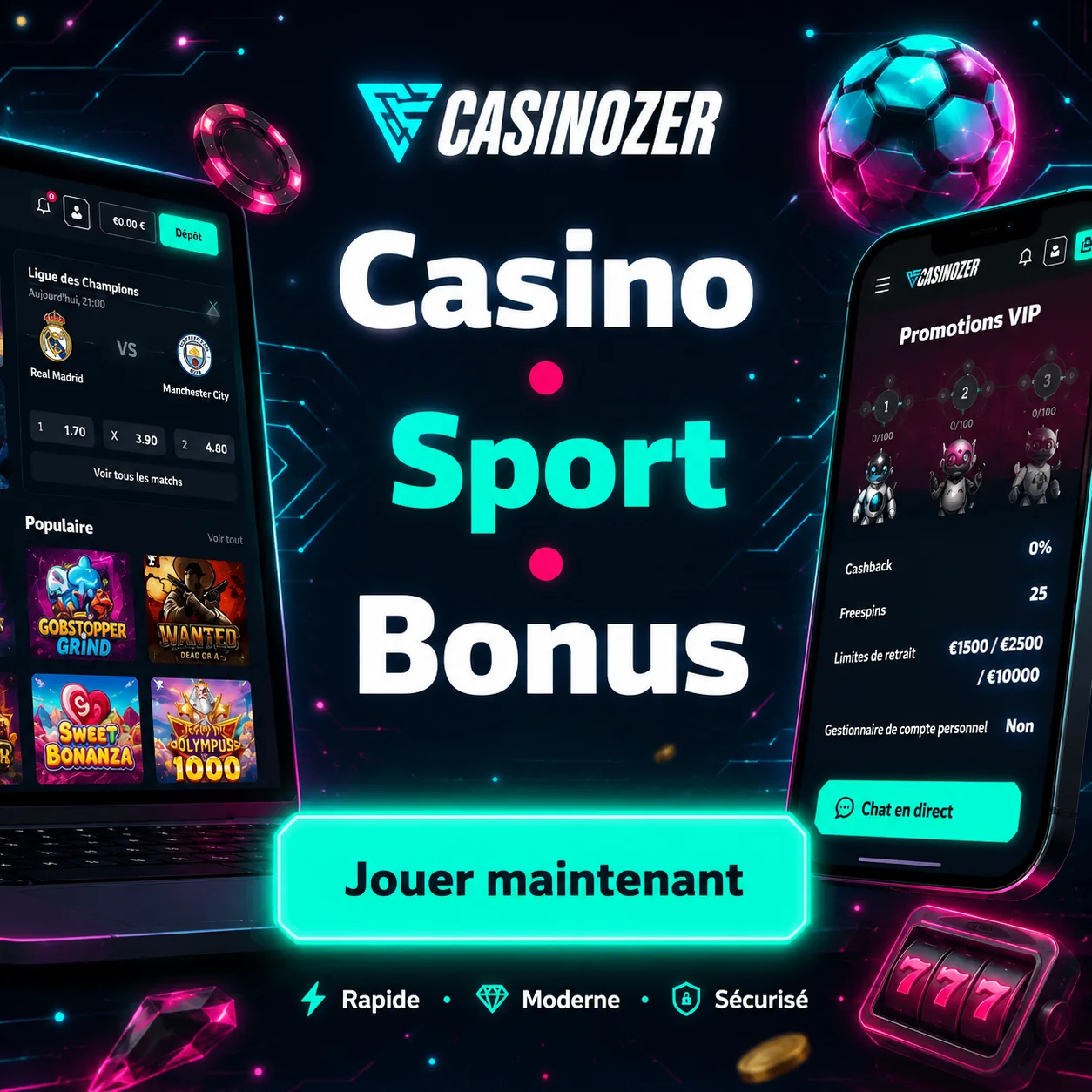 Aperçu Casinozer des sections casino, sport et bonus