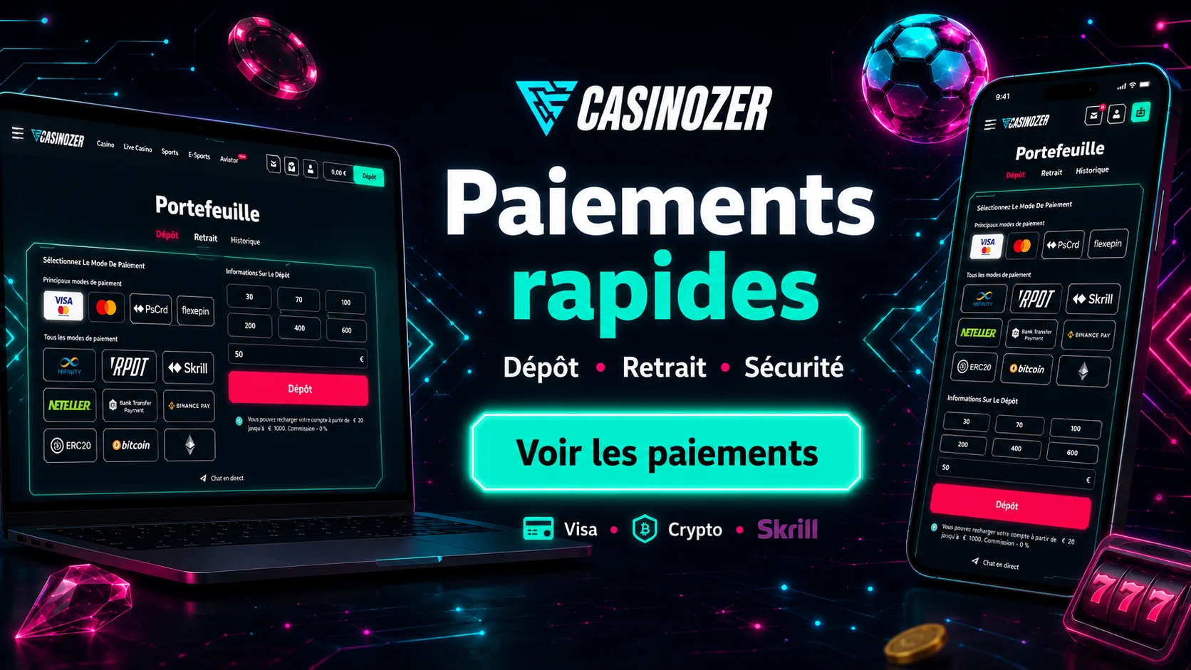Interface Casinozer pour dépôts et retraits